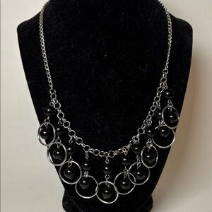 Black Acrylic Beaded and Silver Tone Chain Statement Necklace 18” with ext